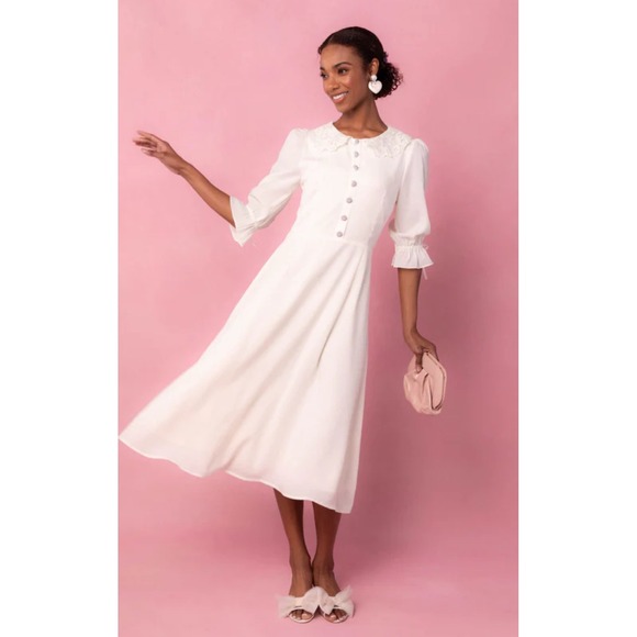 IVY CITY CO Cream Ivory Button Front Midi Dress Rhinestone Buttons Puff Sleeve